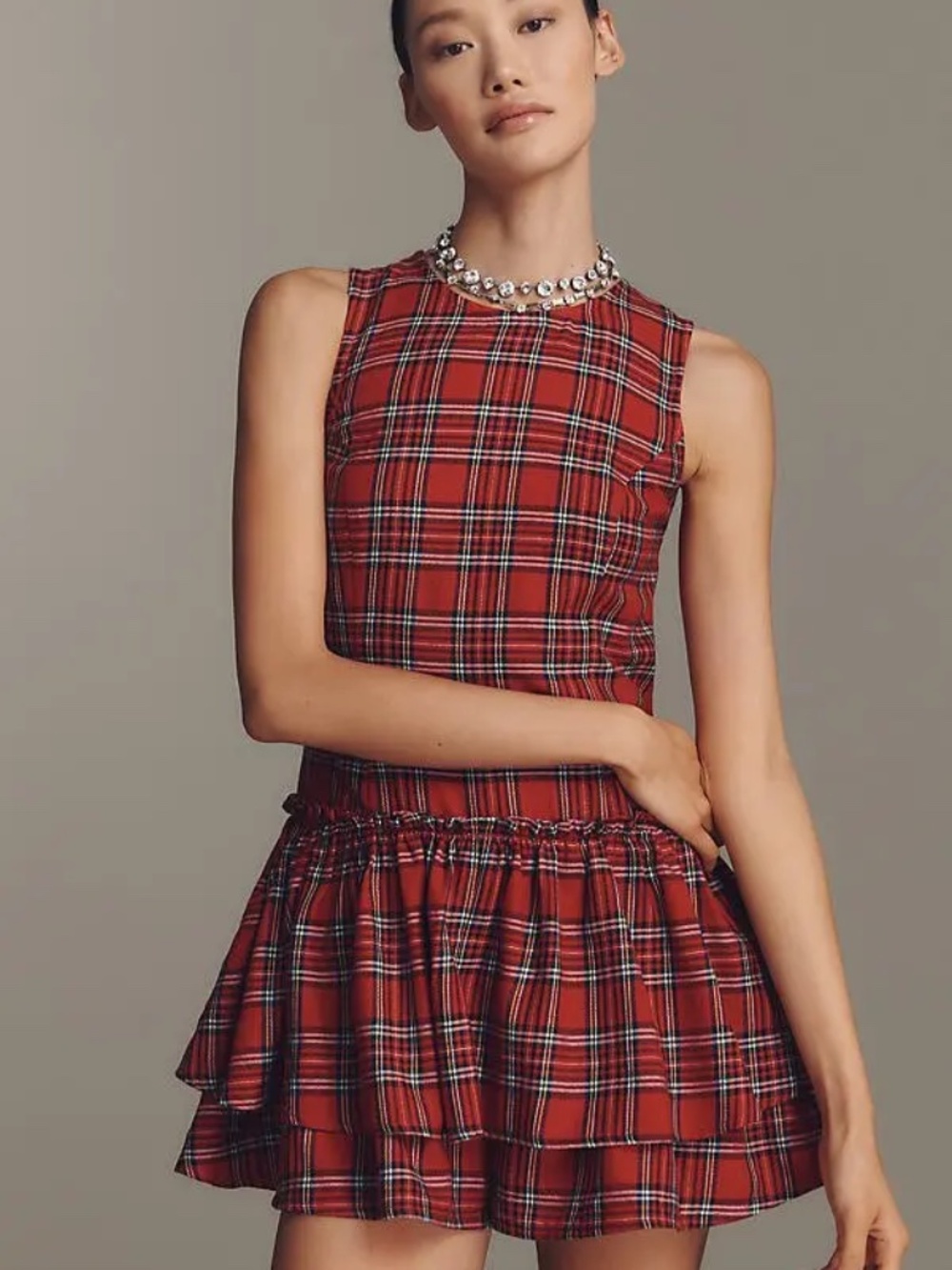 Anthropologie Porridge Sleeveless Drop-Waist Romper in Red Plaid